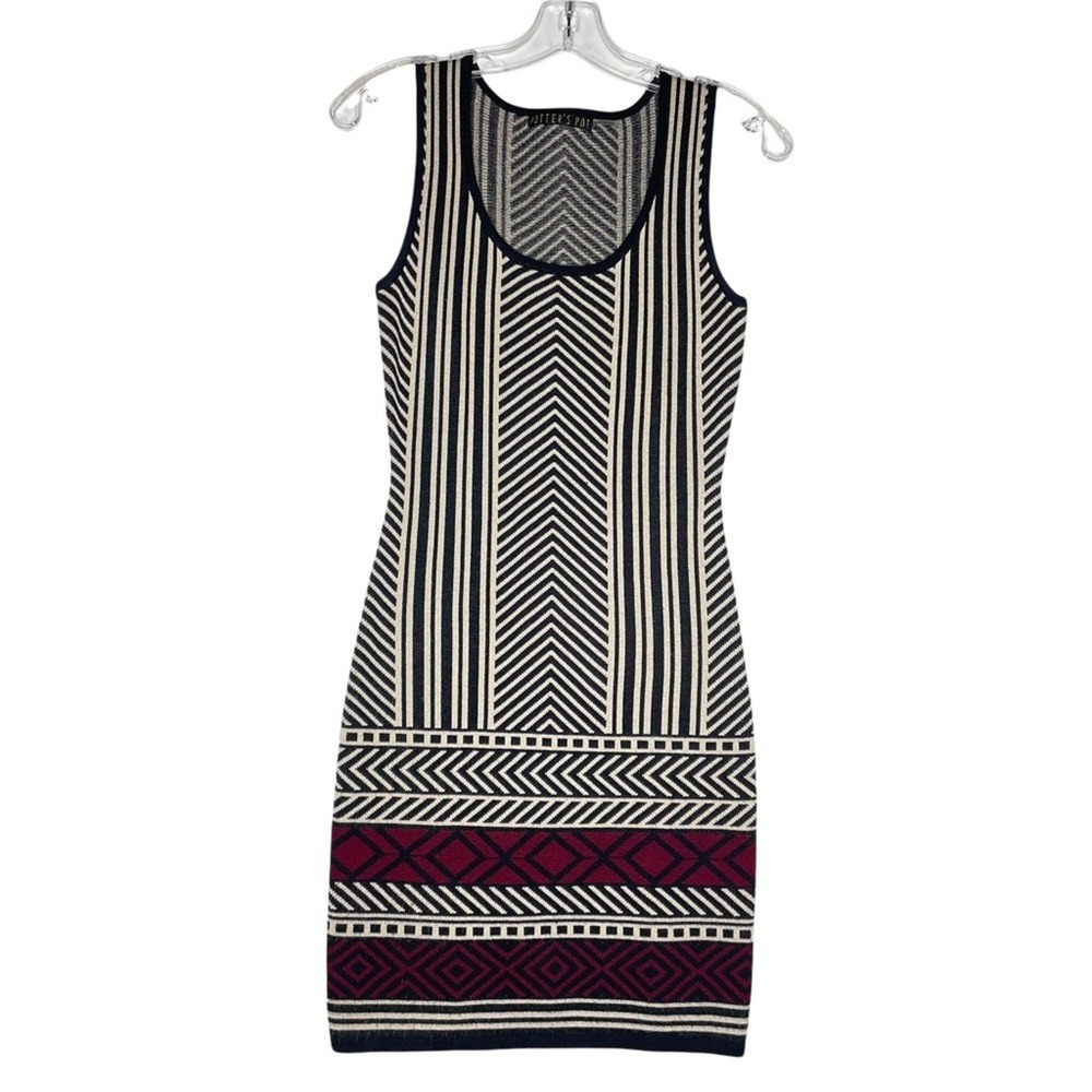 Potters Pot Sleeveless Geometric Knit Mini Sweater Dress Black Cream Burgundy S